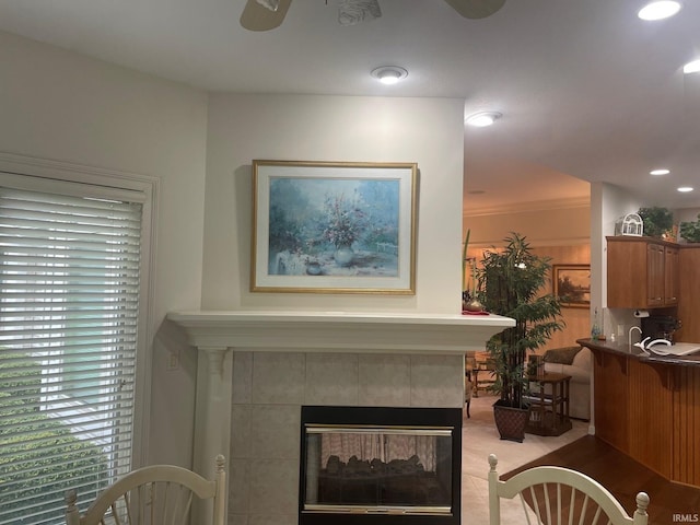 12116 Autumn Breeze Dr, Fort Wayne, IN 46845 - detailed view of a ceiling fan, a fireplace, and carpet
