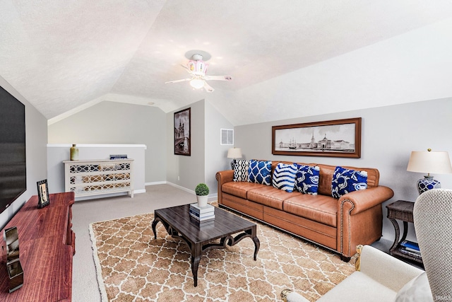 11430 Kestrel Ct, Evansville, IN 47725 - living room featuring carpet flooring, lofted ceiling, ceiling fan, and baseboards