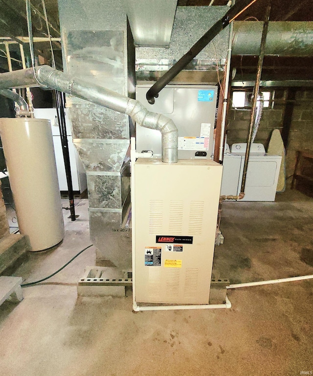 625 S 29th St, Lafayette, IN 47904 - utility room featuring heating unit, water heater, and washer and clothes dryer