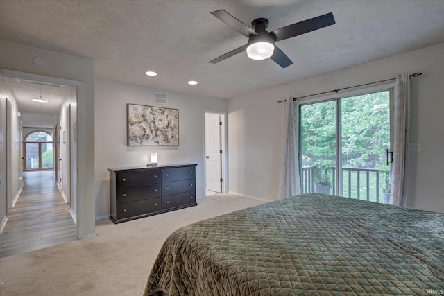 bedroom featuring baseboards, light colored carpet, recessed lighting, access to outside, and ceiling fan