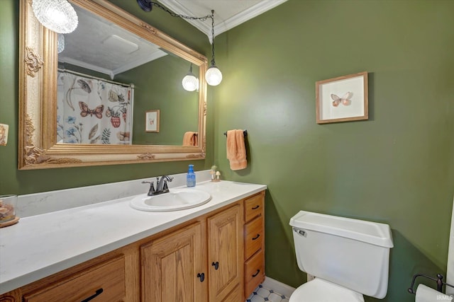 full bathroom featuring ornamental molding, toilet, and vanity
