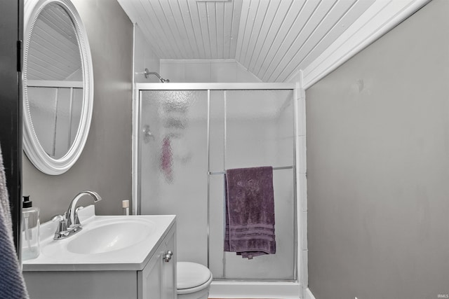 1134 N 14th St, Lafayette, IN 47904 - full bathroom featuring a shower stall, vanity, toilet, and vaulted ceiling