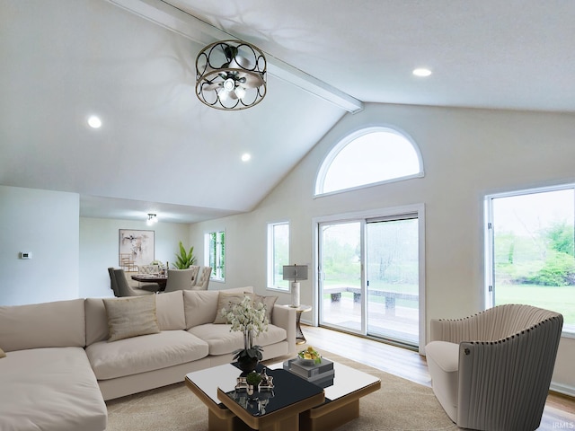 2375 N 110 W, Angola, IN 46703 - living area featuring light wood-style flooring, beam ceiling, high vaulted ceiling, recessed lighting, and a chandelier