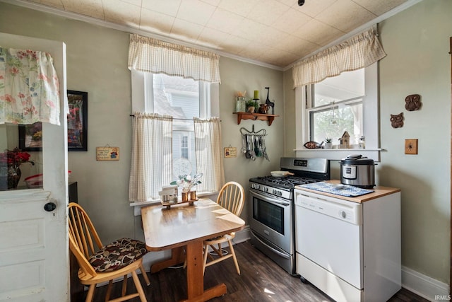 1919 Pierce St, Lafayette, IN 47904 - kitchen with stainless steel gas range oven, ornamental molding, and dark wood-type flooring