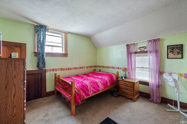 1919 Pierce St, Lafayette, IN 47904 - bedroom featuring a textured ceiling, carpet floors, vaulted ceiling, and baseboards