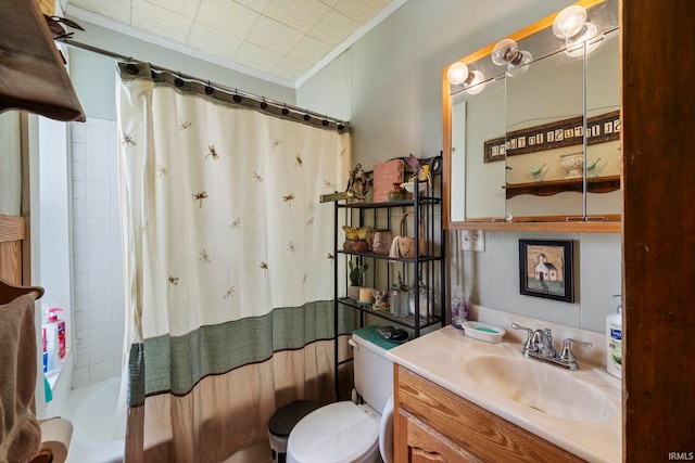 1919 Pierce St, Lafayette, IN 47904 - bathroom with crown molding, vanity, toilet, and shower / bath combo with shower curtain