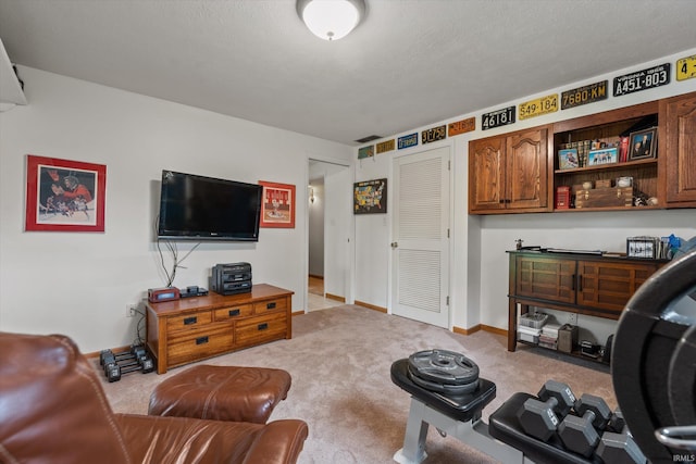 living area with light colored carpet and baseboards