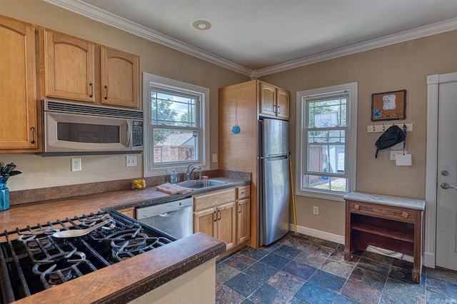 1908 E Mulberry St, Evansville, IN 47714 - kitchen with stainless steel appliances, a sink, plenty of natural light, crown molding, and stone tile flooring