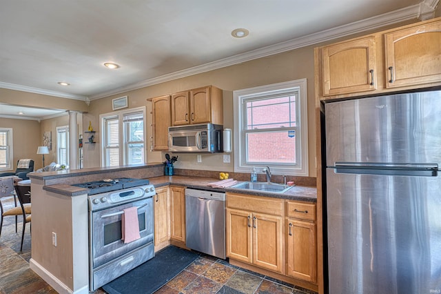 1908 E Mulberry St, Evansville, IN 47714 - kitchen featuring stainless steel appliances, a sink, a peninsula, dark countertops, and crown molding