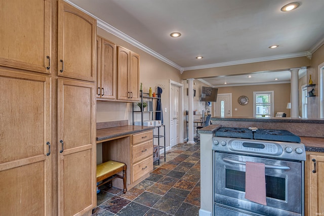 1908 E Mulberry St, Evansville, IN 47714 - kitchen with gas range, crown molding, dark countertops, decorative columns, and stone tile floors