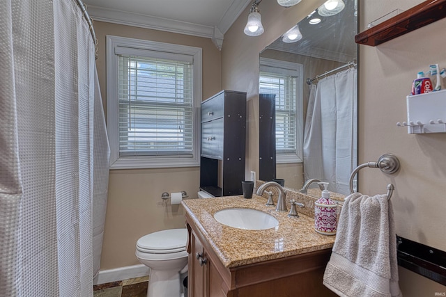 1908 E Mulberry St, Evansville, IN 47714 - bathroom with crown molding, baseboards, toilet, vanity, and a shower with shower curtain