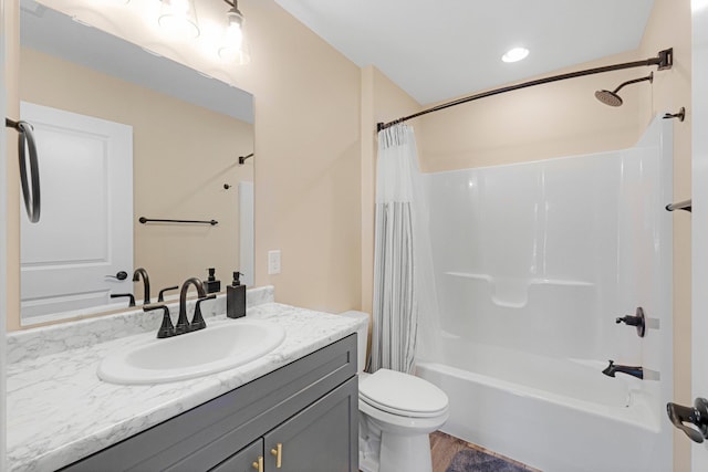 bathroom with toilet, shower / tub combo with curtain, vanity, and wood finished floors