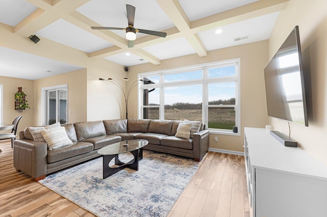 living room with coffered ceiling, light wood finished floors, beamed ceiling, ceiling fan, and recessed lighting
