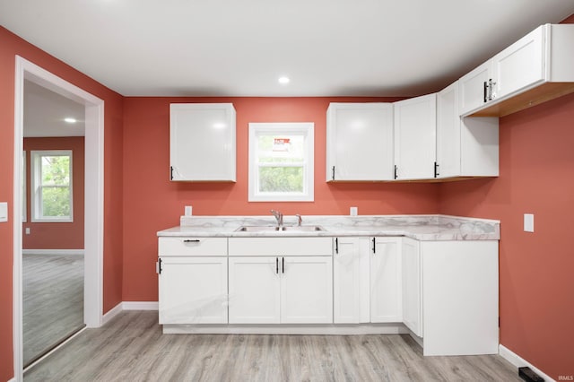 615 W Kickapoo St, Hartford City, IN 47348 - kitchen featuring a sink, light wood-type flooring, baseboards, white cabinetry, and recessed lighting