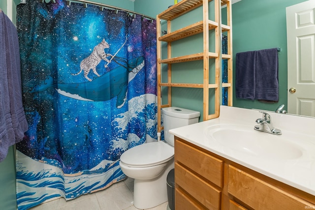 3630 E Tamarron Dr, Bloomington, IN 47408 - bathroom with tile patterned floors, toilet, vanity, and a shower with curtain