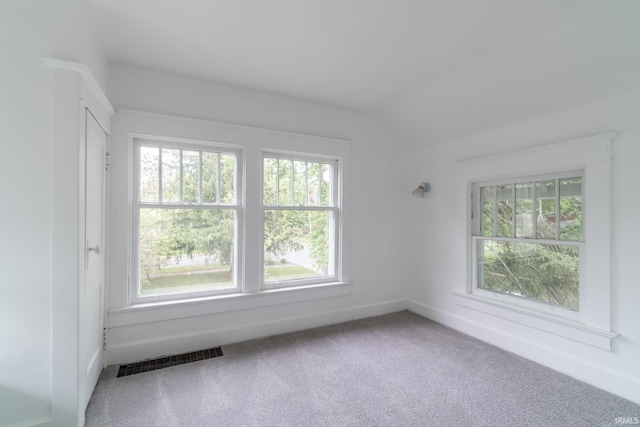 empty room with plenty of natural light, vaulted ceiling, light colored carpet, and baseboards