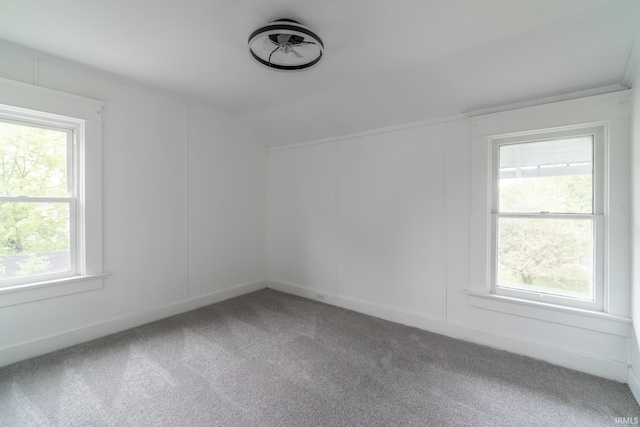 carpeted spare room featuring vaulted ceiling