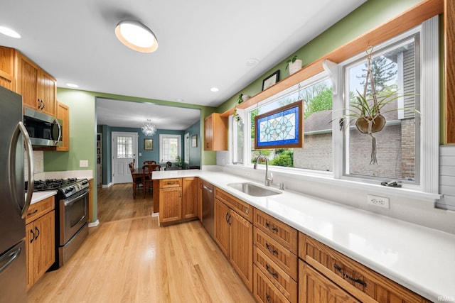 227 N Twyckenham Dr, South Bend, IN 46617 - kitchen featuring stainless steel appliances, a sink, light wood-style floors, a peninsula, and light countertops