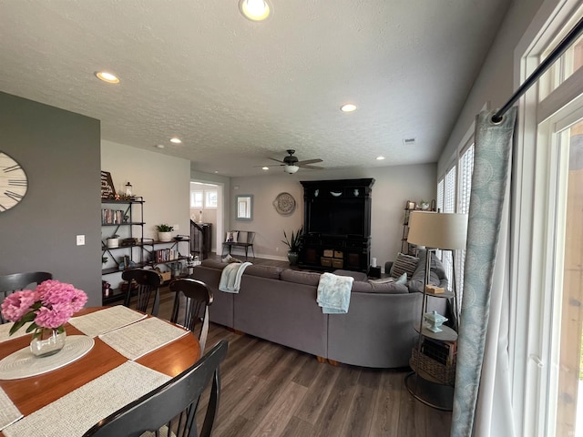 2327 Jamaica Ct, Evansville, IN 47725 - living room featuring ceiling fan, wood finished floors, recessed lighting, and a textured ceiling