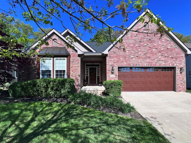 ranch-style home featuring brick siding, a front lawn, and driveway