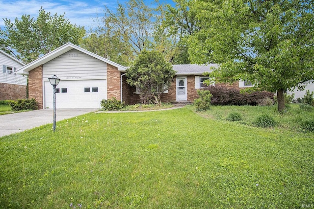 ranch-style home with brick siding, a front lawn, and concrete driveway