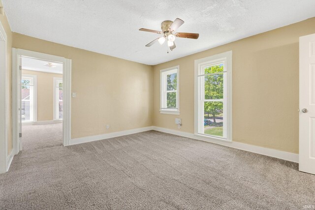 spare room featuring plenty of natural light, carpet flooring, a ceiling fan, baseboards, and a textured ceiling