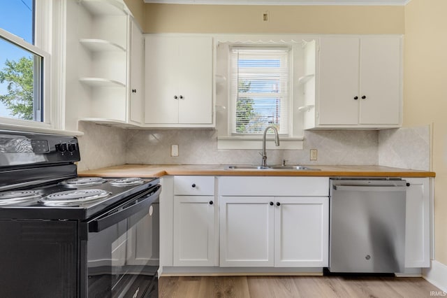 kitchen with black range with electric stovetop, dishwasher, a sink, open shelves, and white cabinets