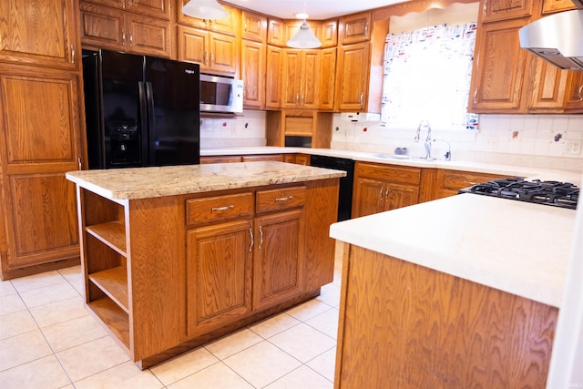 281 Dayton Rd, Dayton, IN 47941 - kitchen featuring black appliances, a sink, extractor fan, open shelves, and backsplash