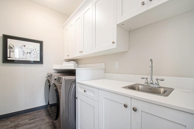 1740301W S Bend Ave, South Bend, IN 46637 - laundry room with washing machine and clothes dryer, cabinet space, dark wood-style floors, and baseboards