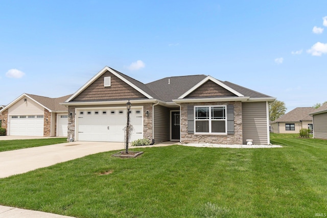craftsman inspired home with stone siding, a front yard, concrete driveway, and an attached garage