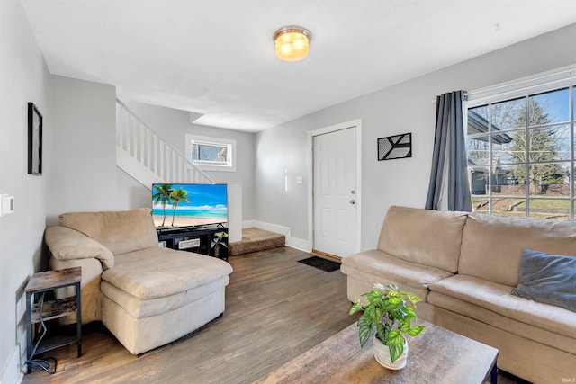 1820 Saint Marys Ave, Fort Wayne, IN 46808 - living area featuring stairway, wood finished floors, and baseboards