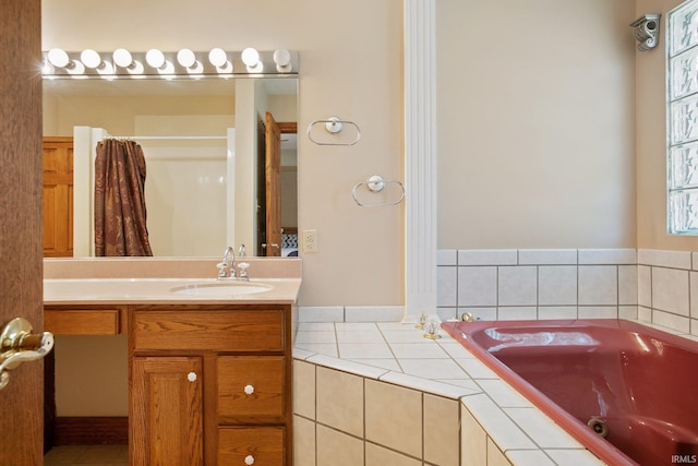 bathroom with a bath, vanity, and a shower with curtain