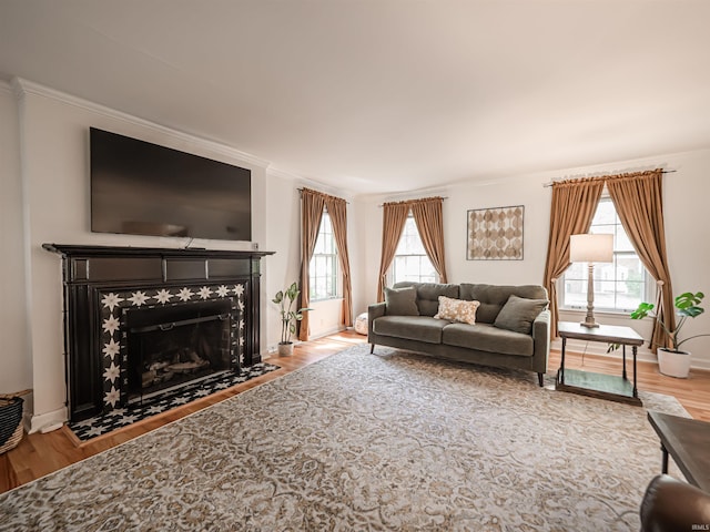 727 Mulberry St, Mount Vernon, IN 47620 - living area with wood finished floors, ornamental molding, a tiled fireplace, and baseboards