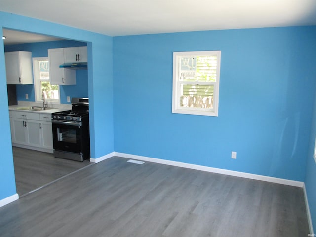 509 S Chicago St, South Bend, IN 46619 - kitchen with stainless steel range with gas stovetop, a sink, white cabinetry, wood finished floors, and baseboards