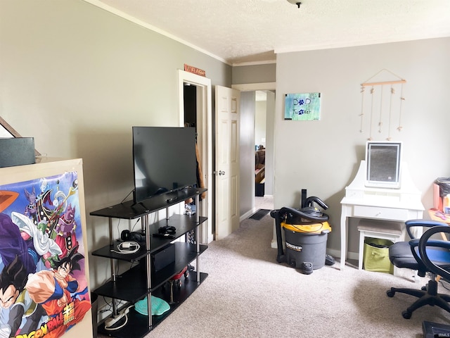 6913 E Jackson St, Muncie, IN 47303 - home office with carpet, crown molding, and a textured ceiling