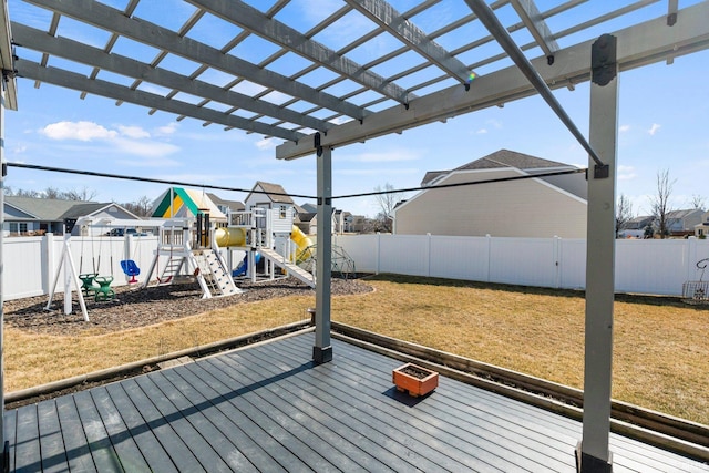 1507 Tara Bella Ln, Fort Wayne, IN 46845 - wooden terrace featuring a playground, a pergola, and a residential view