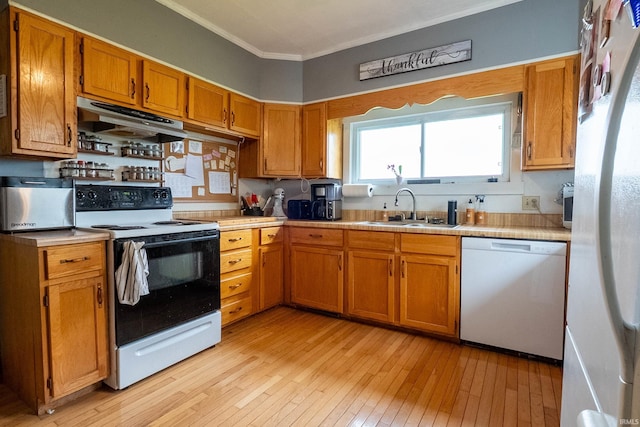 kitchen with white appliances, under cabinet range hood, a sink, crown molding, and light wood-type flooring