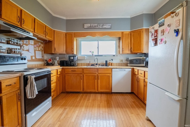 kitchen featuring white appliances, a sink, light countertops, ornamental molding, and light wood finished floors