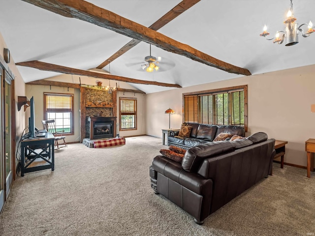422 E Washingtion St, Oakland City, IN 47660 - carpeted living room with a chandelier, a large fireplace, baseboards, and a ceiling fan