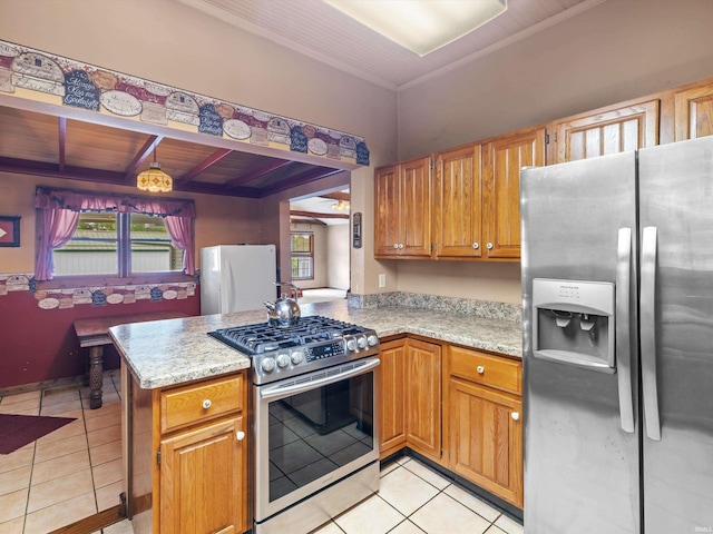 422 E Washingtion St, Oakland City, IN 47660 - kitchen featuring appliances with stainless steel finishes, light tile patterned flooring, a peninsula, wood ceiling, and brown cabinets