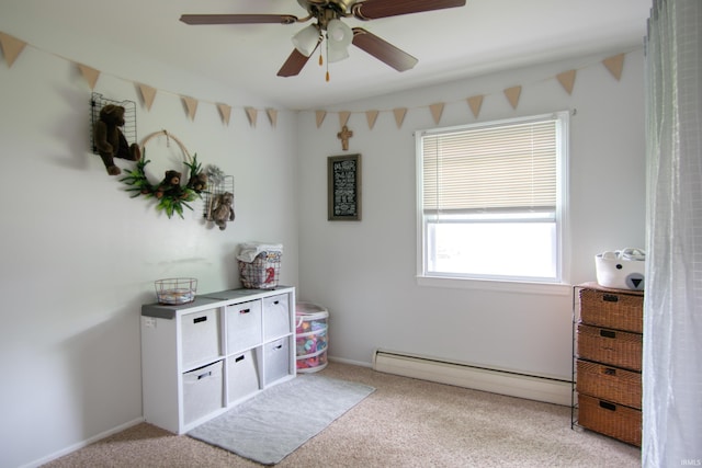 1818 Chochtimar Trl, Fort Wayne, IN 46808 - bedroom with a baseboard heating unit, light carpet, and a ceiling fan