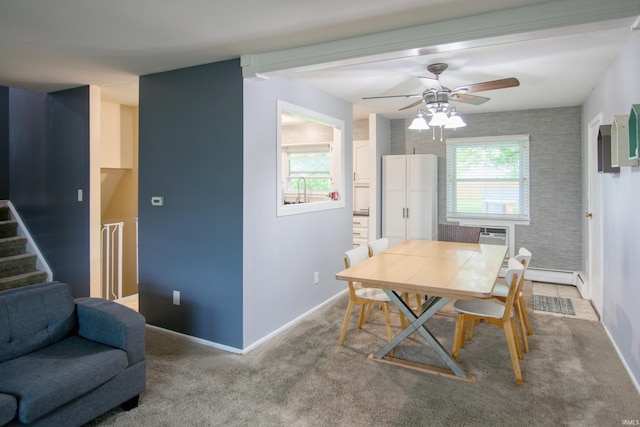 1818 Chochtimar Trl, Fort Wayne, IN 46808 - dining space with baseboards, a ceiling fan, carpet floors, and stairway