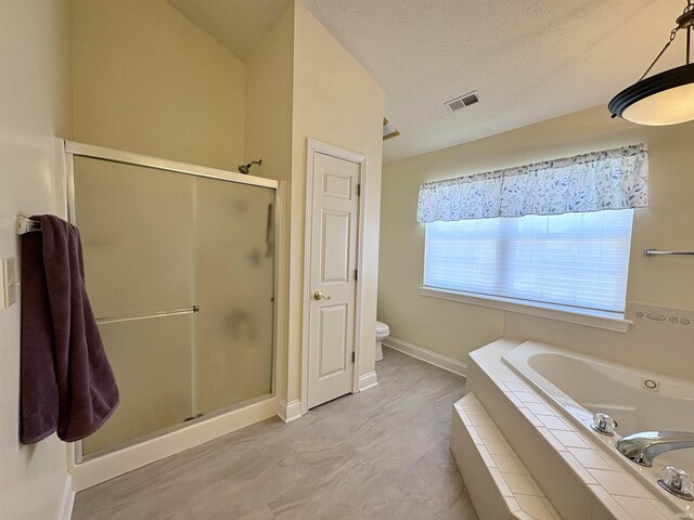 1804 Canyon Creek Dr, Lafayette, IN 47909 - bathroom with a garden tub, a stall shower, toilet, baseboards, and lofted ceiling