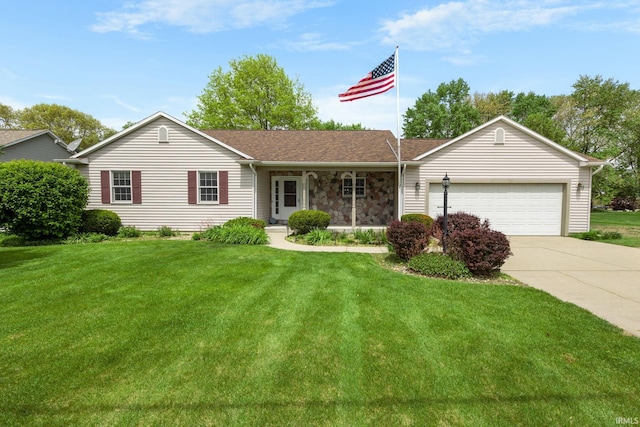 ranch-style house featuring an attached garage, concrete driveway, a front lawn, roof with shingles, and a porch