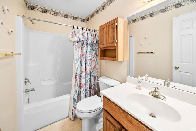 full bath with toilet, shower / bath combination with curtain, vanity, and tile patterned flooring