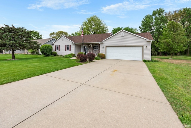 ranch-style house featuring an attached garage, a front yard, and driveway