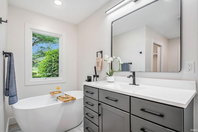 16166 Candlewycke Ct, Granger, IN 46530 - bathroom with vanity, a freestanding tub, and recessed lighting