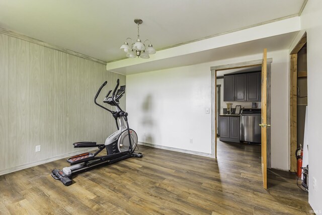 11009 S County Road 300 W, Muncie, IN 47302 - exercise area with washing machine and clothes dryer, dark wood-type flooring, a chandelier, and baseboards