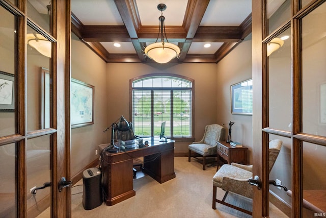 5198 Gardenia Ct, West Lafayette, IN 47906 - office with french doors, light carpet, beam ceiling, baseboards, and ornamental molding