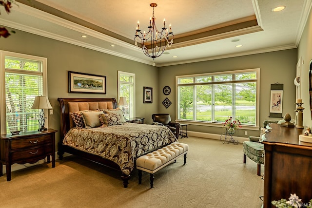 5198 Gardenia Ct, West Lafayette, IN 47906 - bedroom with a chandelier, carpet floors, crown molding, a tray ceiling, and recessed lighting